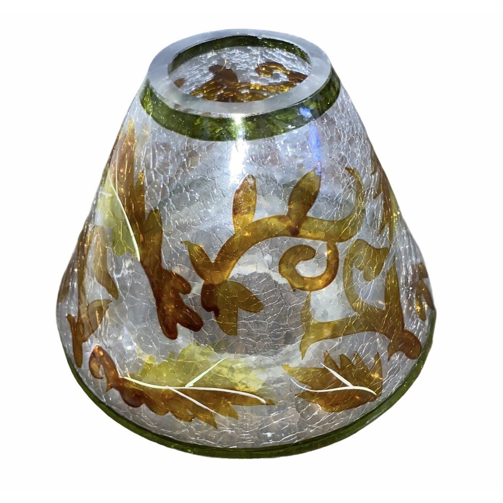HMK Hallmark Crackle Glass Candle Lamp Shade Autumn Leaves/Swirls Fall
